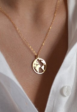 JET 14K Gold Filled Chain Necklace World Map Globe Charm