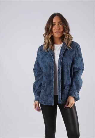 DENIM JACKET EMBROIDERED FLORAL OVERSIZED FITTED UK 16 (HW3J