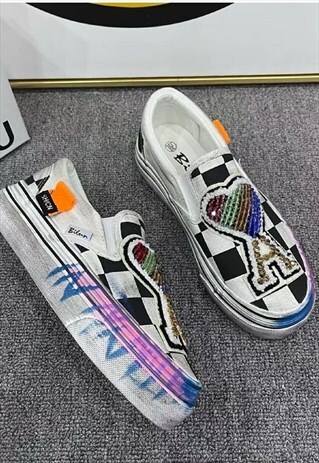 Customized trainers check love sneakers in black white