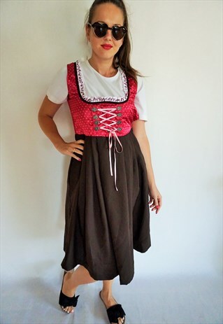 VINTAGE BAVARIAN OCTOBERFEST DRINDL DRESS DRESSES FOLK RED