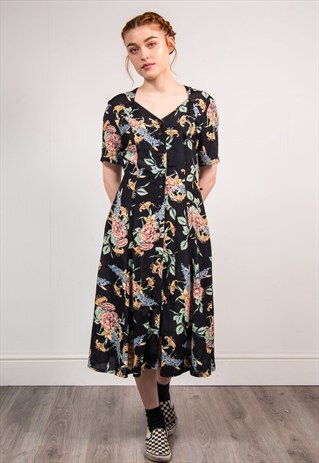 90'S VINTAGE BLACK FLORAL PATTERN SUMMER MIDI DRESS