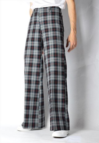 VINTAGE 70S UNISEX BLACK RED CHECK WOOL BLEND FLARES PANTS