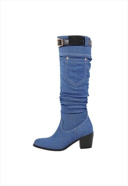 Denim Round Toe Chunky Heel Thigh Boots