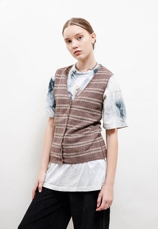 Vintage 60s Boho Brown Chekered V Neck Button Up Vest XS