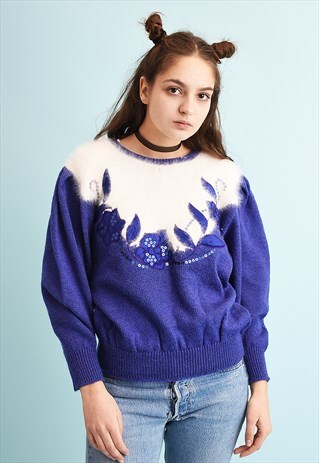 80'S RETRO FLORAL EMBROIDERED PUFF-SLEEVE KNIT JUMPER