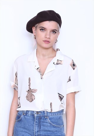 VINTAGE 90S BEIGE FLORAL PRINT SHORT SLEEVE SHIRT