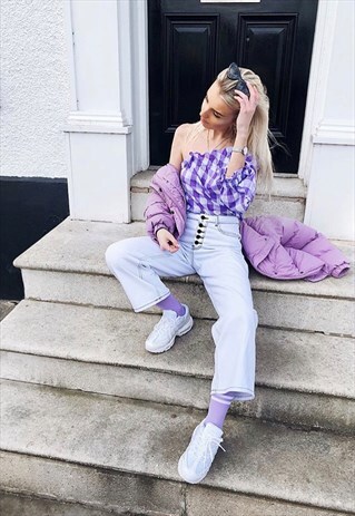 GINGHAM ONE SHOULDER TOP WITH TIE WAIST
