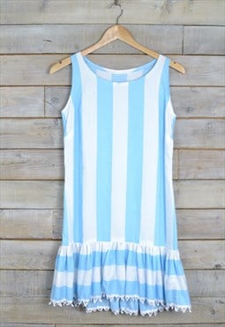 Vintage Mini Vest Dress Striped Frilly Blue Large BR2123