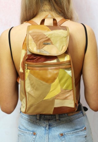 1990S VINTAGE PATCHWORK TAN REAL LEATHER BACKPACK