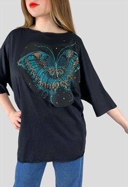 80's Vintage Black Batwing T Shirt Top Butterfly Glitter 