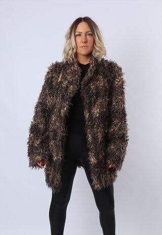 FAUX FUR COAT JACKET VINTAGE MID LENGTH UK 14 (B8GD)