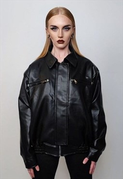 Faux leather biker jacket 80s PU aviator retro rubber bomber