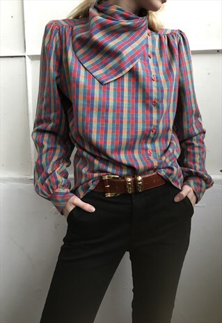 VINTAGE 80' AMAZING BEAUTIFUL COLORFUL CHECKED BLOUSE