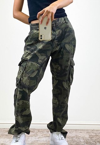 Y2K Camo Pants Forest Green Baggy Fit With Pockets 
