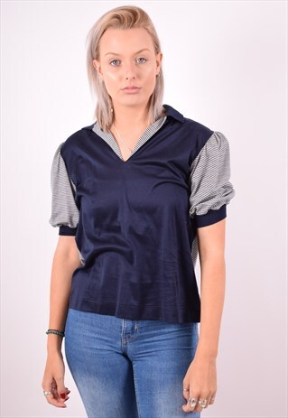 VALENTINO WOMENS VINTAGE POLO SHIRT LARGE NAVY BLUE STRIPES