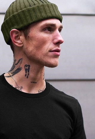 TURN UP CUFFED CHUNKY RIBBED BEANIE HAT - KHAKI GREEN