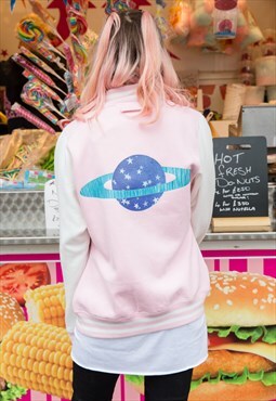 Varsity Jacket In Pink and White With Planet Blue Star Print