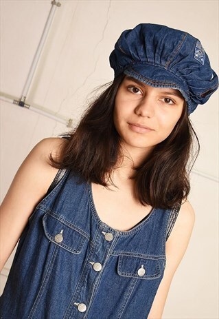VINTAGE 80S RETRO DENIM BERET SNAP HAT BLUE LOGO
