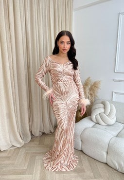 Luminous Gold Luxe Sequin Long Sleeve Feather Maxi Dress