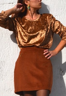 Brown/cream shiny velvet 80s stock oversized blouse 