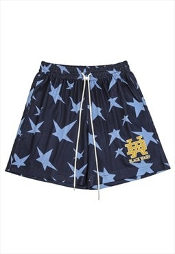 Basketball mesh shorts star print cropped pants in blue