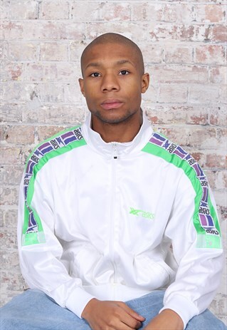 VINTAGE ASICS TAPE LOGO TRACK JACKET WHITE AND GREEN