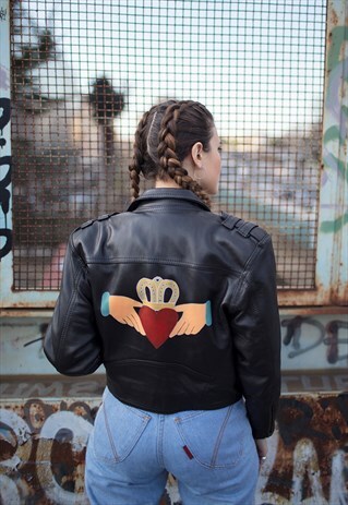 VINTAGE 80S LEATHER BIKER JACKET WITH HANDPAINTED CLADDAGH