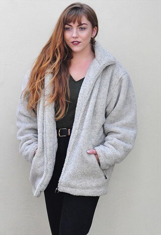 VINTAGE 90S BEIGE OVERSIZE GRUNGE FLEECE / BORG JACKET