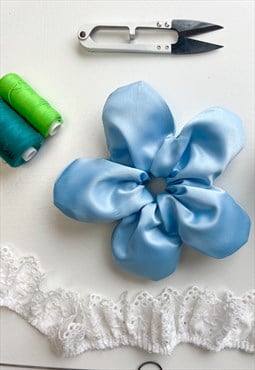 Blue Satin Oversize Flower Scrunchie