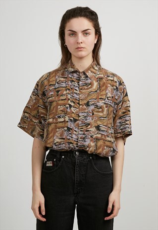 VINTAGE BROWN SHORT SLEEVE SILK SHIRT