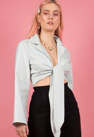 BLUE LINEN TIE FRONT TAILORED TOP / BLOUSE / SHIRT