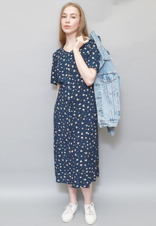 VINTAGE 1990'S 'NICE DAY' PRETTY NAVY FLORAL MIDI DRESS