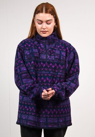 QUARTER ZIP FLEECE JUMPER VINTAGE 90'S PURPLE ABSTRACT PRINT