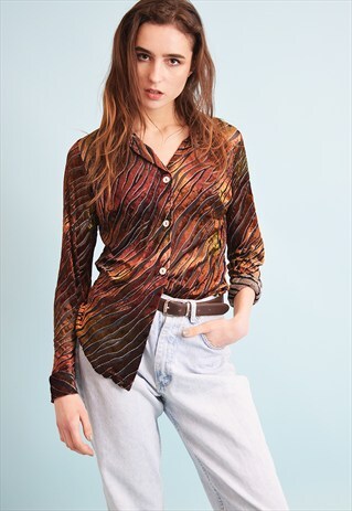 90'S RETRO ABSTRACT PRINT SHEER VELVET KITSCH TOP BLOUSE