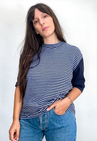 VINTAGE 90'S BLACK & BLUE STRIPE OVERSIZED TEE T-SHIRT