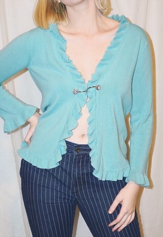 VINTAGE DEEP-CUT BLUE SWEATER WITH METAL HARDWARE