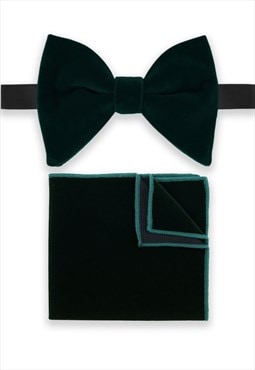 Mens Green Oversized Velvet Bow Tie & Pocket Square Set