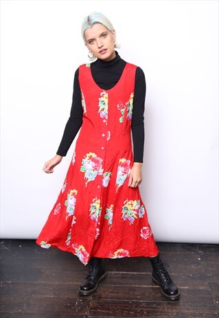 VINTAGE 90S RED FLORAL PRINT BUTTON MIDI DRESS