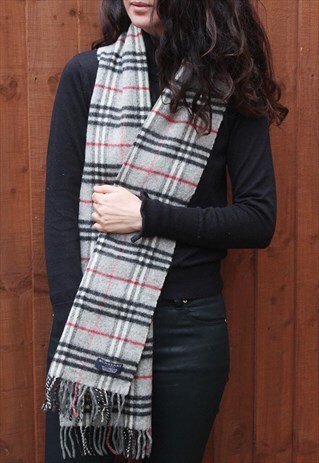VINTAGE LAMBSWOOL CHECKED SCARF LIGHT GREY