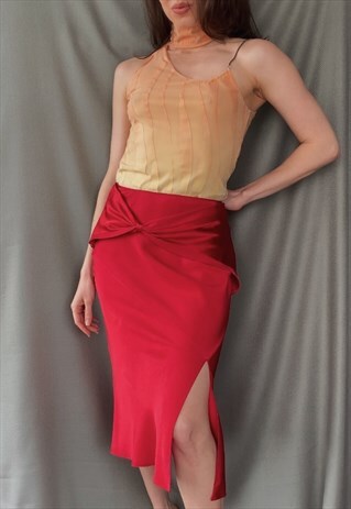 90S/00S VINTAGE JOHN GALLIANO RUBY RED BIAS CUT SATIN SKIRT
