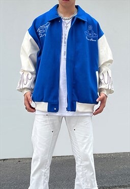 Blue Embroidered Oversized Baseball Varsity jacket Y2k