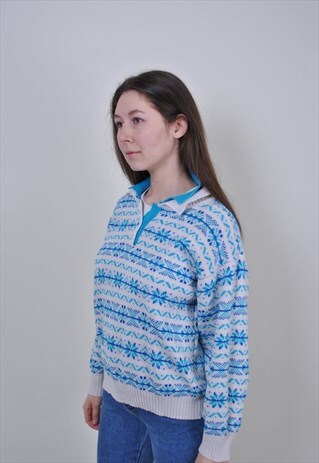 90S CHRISTMAS SWEATER, VINTAGE PATTERN COLLAR JUMPER, SIZE M