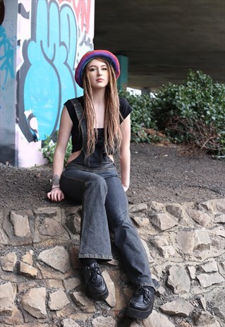 VINTAGE ONE STRAPPED FLARED DUNGAREE JUMPSUIT Y2K DARK DENIM