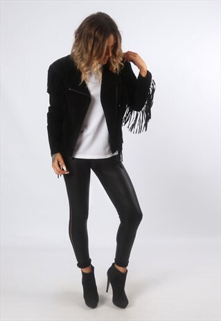 SUEDE LEATHER FRINGE TASSEL FITTED JACKET VINTAGE UK 8 (F4E)