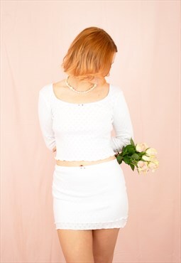 White cotton pointelle double layer lettuce hem mini skirt