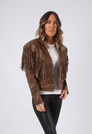 LEATHER TASSEL FRINGE JACKET SHORT VINTAGE UK 12 (CW2C)