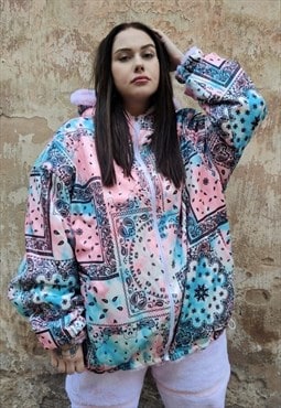 Pastel bandana bomber reversible handmade fleece jacket pink