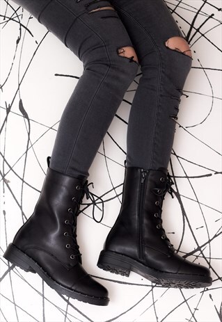 DAHLIA LACE UP FLAT BIKER BOOTS - BLACK LEATHER STYLE