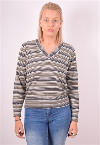 JAEGER WOMENS VINTAGE JUMPER SWEATER MEDIUM BLACK STRIPES 90