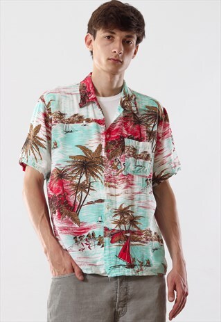VINTAGE HAWAIIAN 90S BLUE ALOHA ISLANDS PRINTED PATTERNED